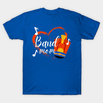 Blue "Band Mom" T-shirt with musical notes and heart design, perfect for music events, 100% cotton.