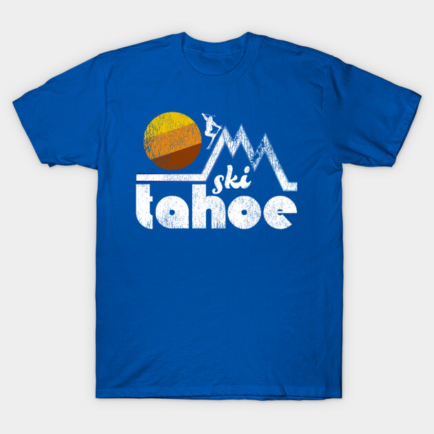 Blue "Ski Tahoe" graphic t-shirt with sunset and mountain design, ideal for casual wear.