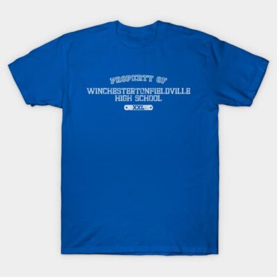 Blue unisex T-shirt with "Property of Winchester Tonfieldville High School" print, casual style, cotton fabric.