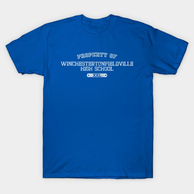 Blue unisex T-shirt with "Property of Winchester Tonfieldville High School" print, casual style, cotton fabric.
