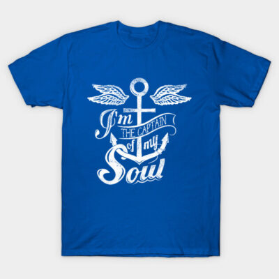 Blue T-shirt with nautical anchor and wings design, featuring "I'm the Captain of My Soul" text in white print.