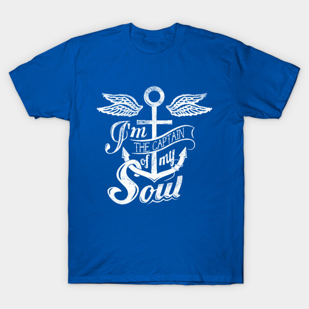Blue T-shirt with nautical anchor and wings design, featuring "I'm the Captain of My Soul" text in white print.