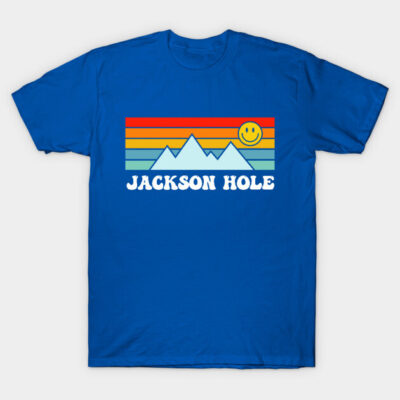 Blue Jackson Hole t-shirt with colorful retro mountain design, ideal for casual wear, 100% cotton.
