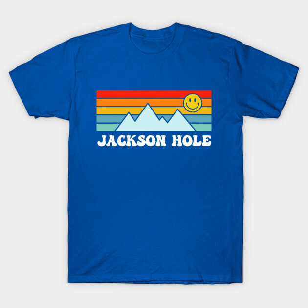 Blue Jackson Hole t-shirt with colorful retro mountain design, ideal for casual wear, 100% cotton.