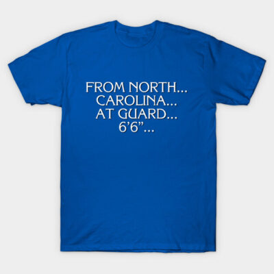 Blue cotton t-shirt with "From North Carolina at Guard 6'6''" text, casual style, perfect for sports fans.