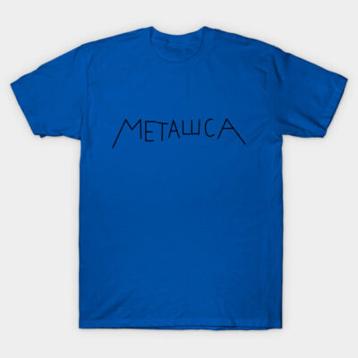 Blue t-shirt with "Металлика" text in black, casual style, 100% cotton, perfect for everyday wear.
