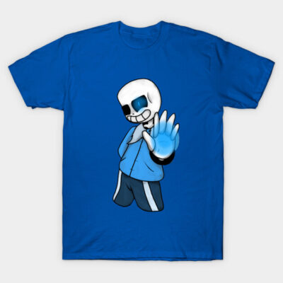 Blue graphic t-shirt featuring a cartoon skeleton character, casual style, 100% cotton, perfect for everyday wear.