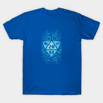 Blue graphic t-shirt with pixelated dice design, featuring numbers. Ideal for casual wear and gaming enthusiasts.