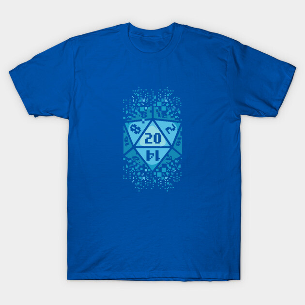 Blue graphic t-shirt with pixelated dice design, featuring numbers. Ideal for casual wear and gaming enthusiasts.