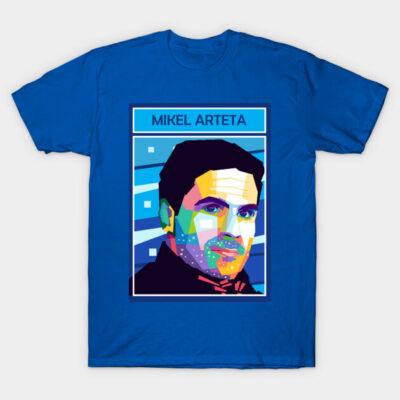 Blue graphic t-shirt with colorful abstract portrait design, casual wear, 100% cotton. Ideal for everyday fashion.