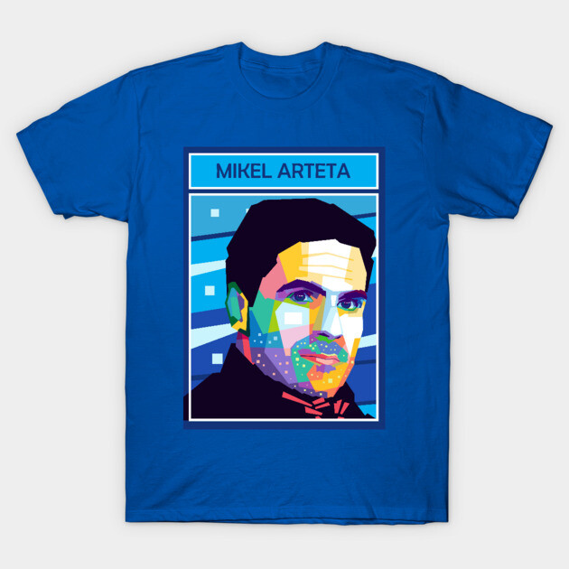 Blue graphic t-shirt with colorful abstract portrait design, casual wear, 100% cotton. Ideal for everyday fashion.