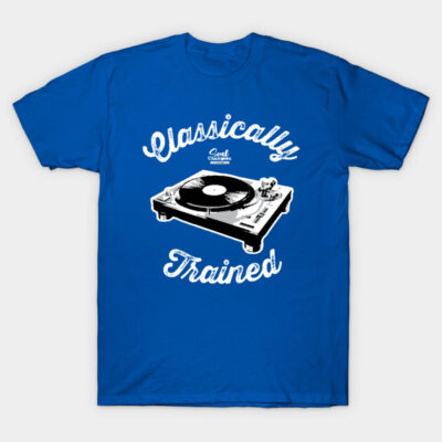 Blue "Classically Trained" t-shirt with turntable graphic, casual style, cotton material, ideal for music enthusiasts.