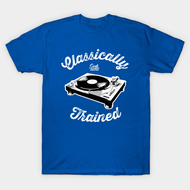 Blue "Classically Trained" t-shirt with turntable graphic, casual style, cotton material, ideal for music enthusiasts.