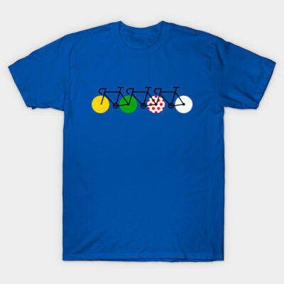 Blue t-shirt with colorful bicycle design, casual cotton style for everyday wear.