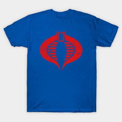 Blue graphic t-shirt with red abstract design, casual style, perfect for everyday wear. Cotton material.