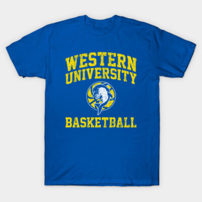 Blue "Western University Basketball" graphic T-shirt, casual sportswear, cotton fabric, ideal for sports fans.