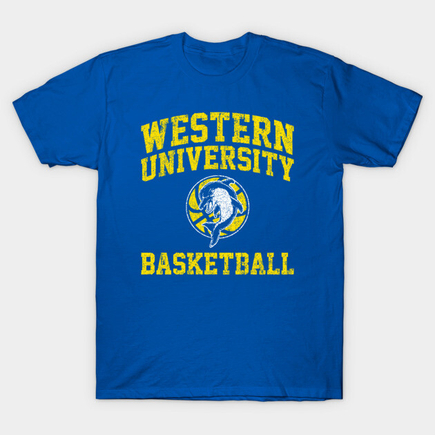Blue "Western University Basketball" graphic T-shirt, casual sportswear, cotton fabric, ideal for sports fans.