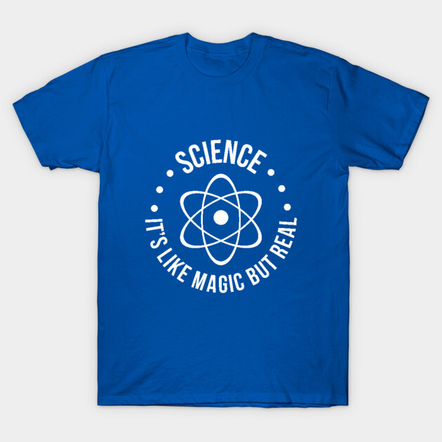 Blue science-themed T-shirt with atom graphic and "It's Like Magic But Real" text, casual wear, cotton material.
