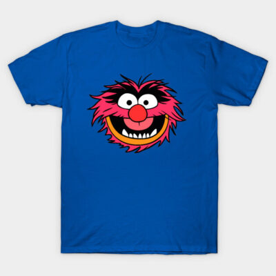 Blue t-shirt with vibrant cartoon face design, casual style, made from soft cotton for everyday wear.