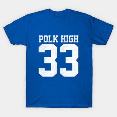 Blue Polk High 33 T-shirt, vintage sports style, cotton fabric, casual wear, bold white lettering, unisex design.