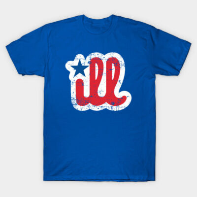 Blue cotton t-shirt with vintage red and white graphic design, ideal for casual wear.
