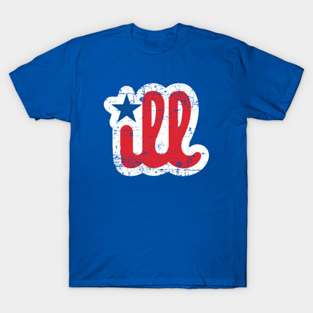 Blue cotton t-shirt with vintage red and white graphic design, ideal for casual wear.