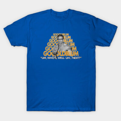Blue graphic t-shirt with vibrant text and image, casual style, cotton material, ideal for everyday wear.