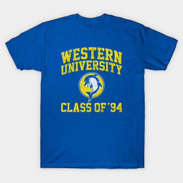 Blue T-shirt with "Western University Class of '94" text and dolphin graphic, casual wear, cotton material.