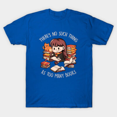 Blue T-shirt with book-themed illustration and text, ideal for book lovers, casual wear, cotton material.