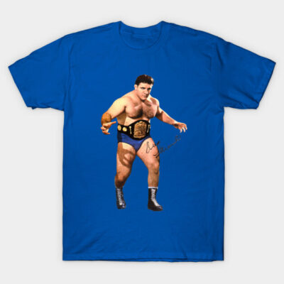 Blue graphic t-shirt featuring a wrestler design, ideal for casual wear, 100% cotton, unisex style.