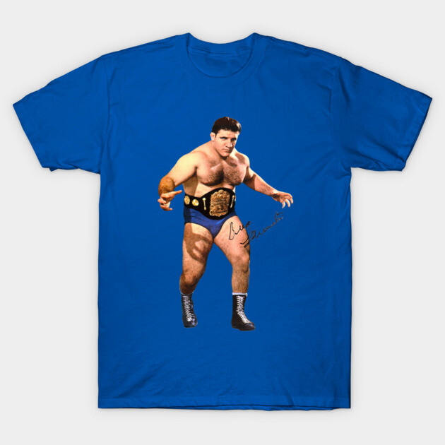 Blue graphic t-shirt featuring a wrestler design, ideal for casual wear, 100% cotton, unisex style.