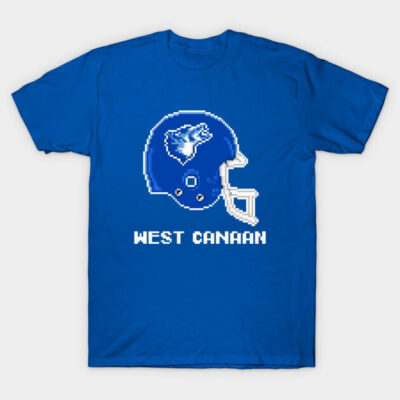 Blue "West Canaan" graphic t-shirt featuring football helmet design, casual wear, 100% cotton.