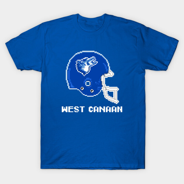 Blue "West Canaan" graphic t-shirt featuring football helmet design, casual wear, 100% cotton.