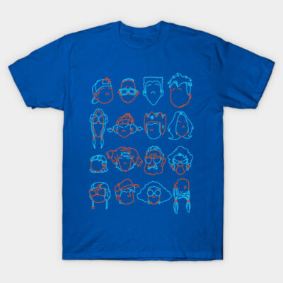 Blue unisex t-shirt with colorful abstract faces graphic, casual wear, 100% cotton, comfortable and stylish design.