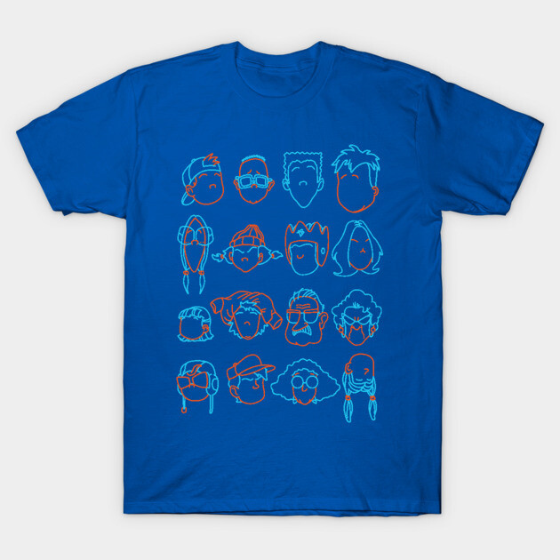 Blue unisex t-shirt with colorful abstract faces graphic, casual wear, 100% cotton, comfortable and stylish design.
