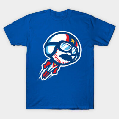 Blue graphic t-shirt with a rocket-themed design, featuring a helmet and sunglasses, ideal for casual wear.