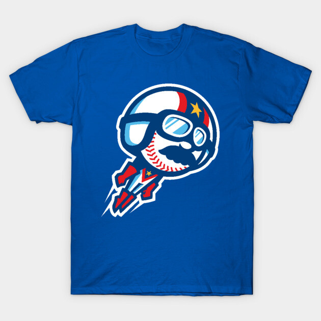 Blue graphic t-shirt with a rocket-themed design, featuring a helmet and sunglasses, ideal for casual wear.