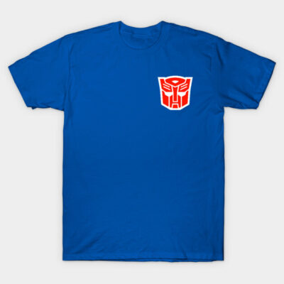 Blue graphic t-shirt with red robot emblem on chest, cotton material, casual wear, unisex style.