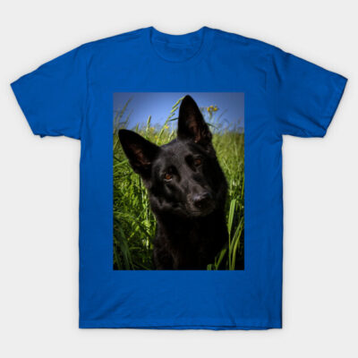 Blue T-shirt featuring a black dog in a grassy field, casual style, short sleeves, soft cotton material.