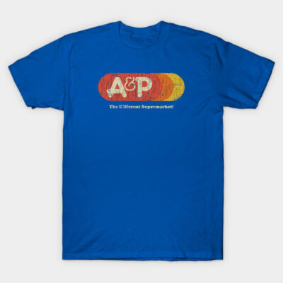Blue cotton t-shirt with retro A&P logo design, casual wear.