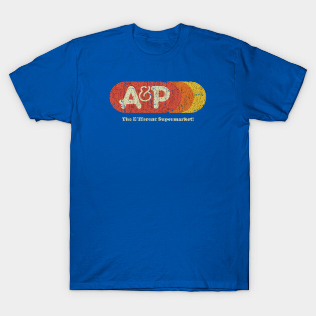 Blue cotton t-shirt with retro A&P logo design, casual wear.
