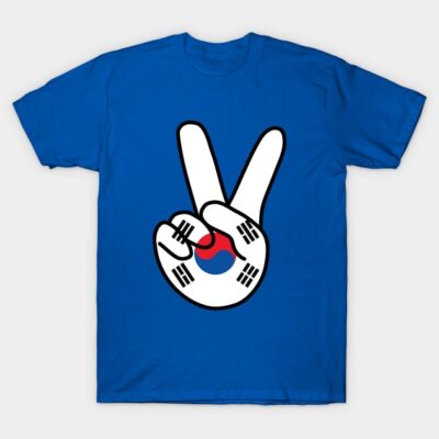Blue t-shirt with peace hand sign featuring South Korean flag design, casual style, ideal for everyday wear.