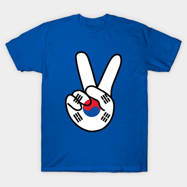 Blue t-shirt with peace hand sign featuring South Korean flag design, casual style, ideal for everyday wear.