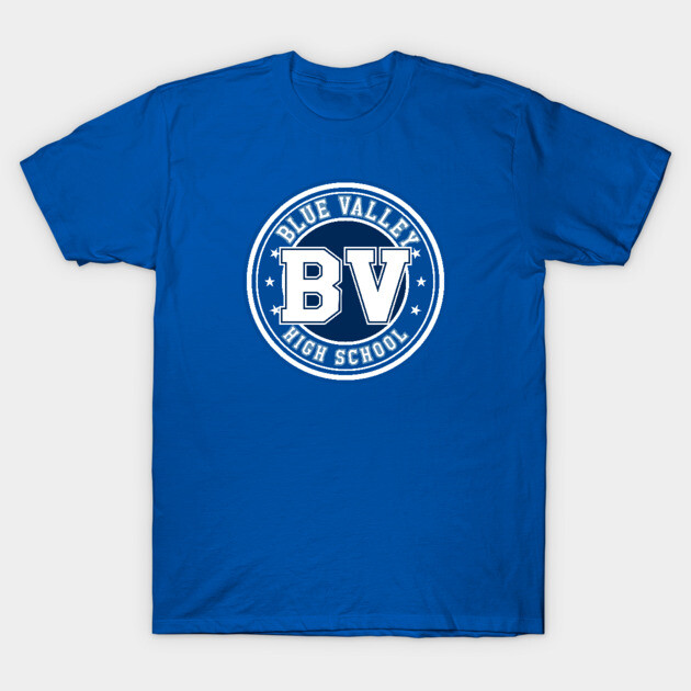 Blue Valley High School T-shirt, blue, short-sleeve, casual wear, cotton material, bold printed logo.