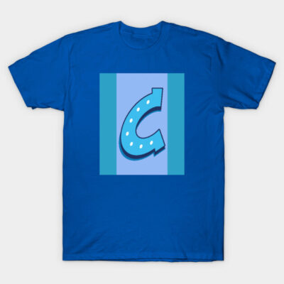 Blue graphic t-shirt with bold letter "C" design, casual style, cotton material, ideal for everyday wear.