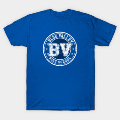 Blue t-shirt with "Blue Valley High School" logo, casual style, perfect for school events or everyday wear.