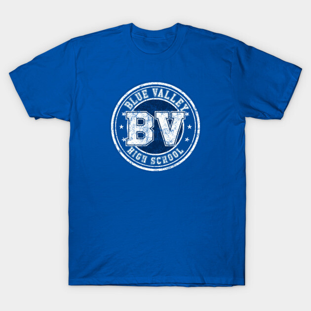 Blue t-shirt with "Blue Valley High School" logo, casual style, perfect for school events or everyday wear.