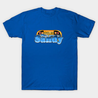 Blue graphic t-shirt with school bus and "Sandy" print, casual style, cotton fabric, unisex.