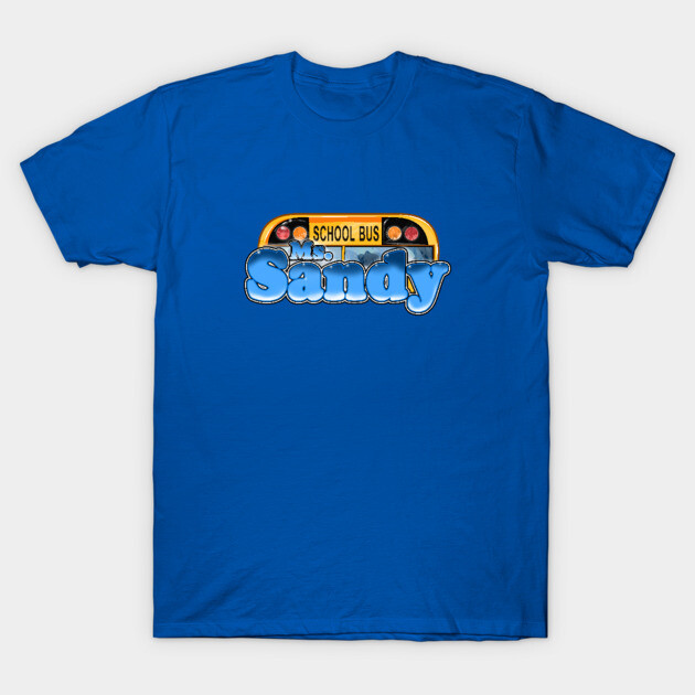 Blue graphic t-shirt with school bus and "Sandy" print, casual style, cotton fabric, unisex.