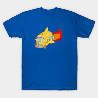 Blue t-shirt with yellow rocket bus graphic, casual style, 100% cotton, ideal for everyday wear or gifting.